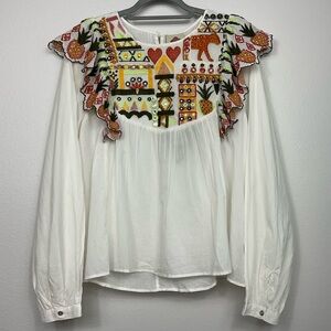 Size Large LS Pineapple Embroidered Embellished Yoke/Back Cotton Top